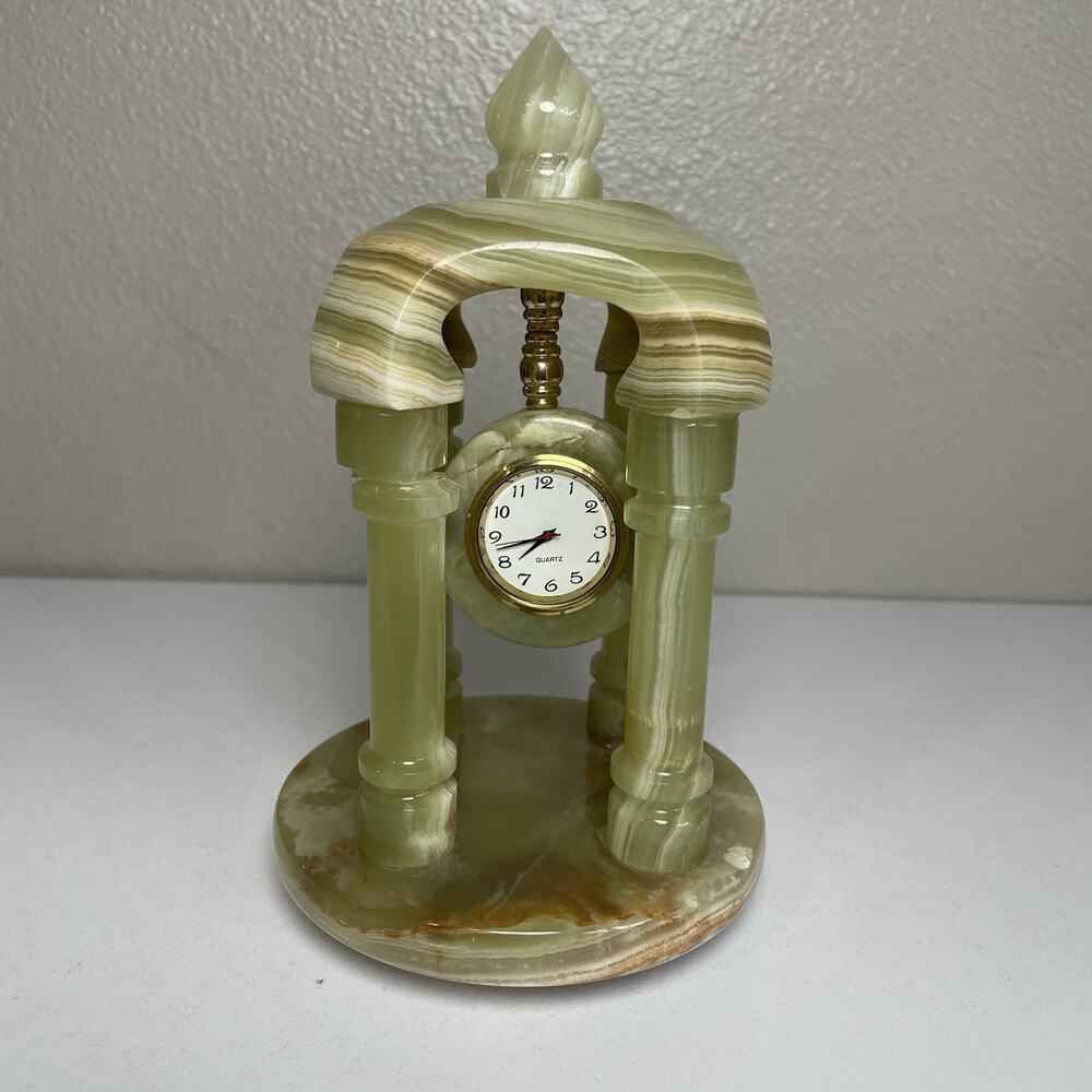 Green Marble Quartz Clock 8" Tall Untested 4 Pillars Gazebo Mantle MCM Retro
